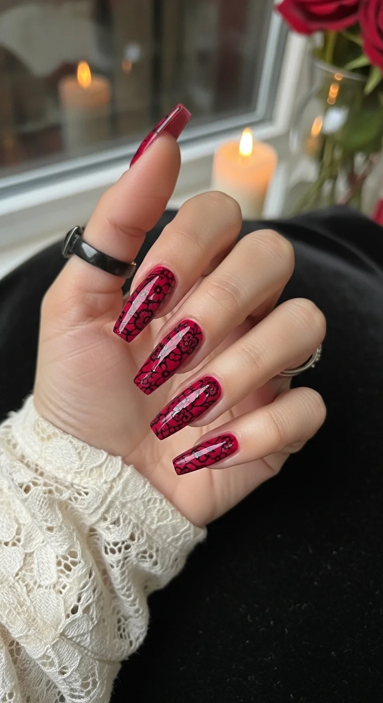 Red nails with black floral lace overlay.