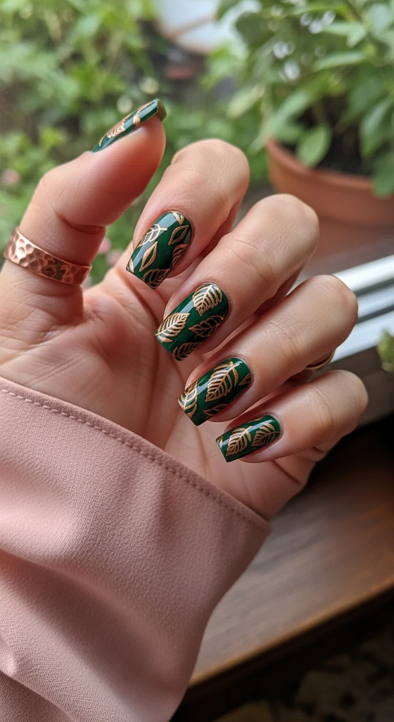 Dark green nails with gold leaf stamping.