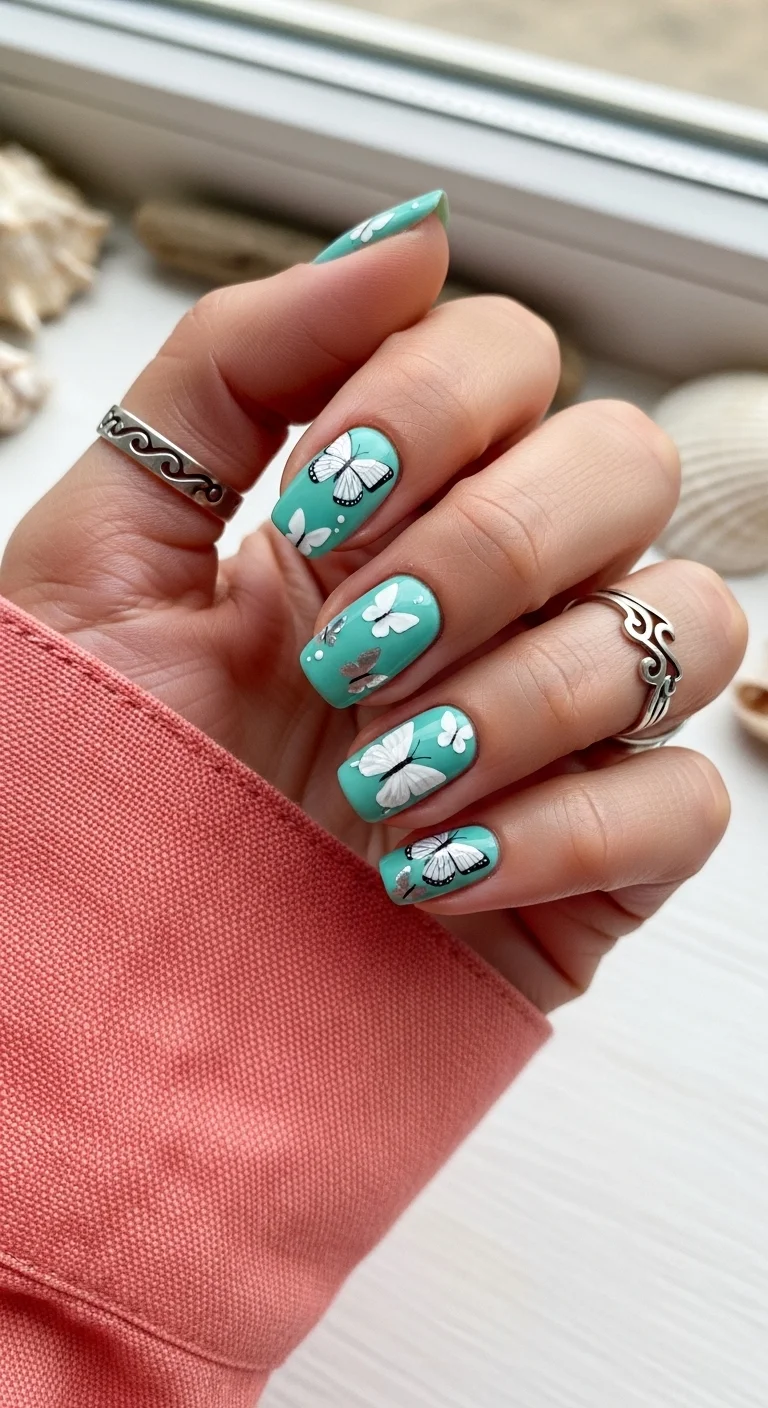 Short almond nails in bright turquoise with white butterfly silhouettes and black-outlined wing edges.