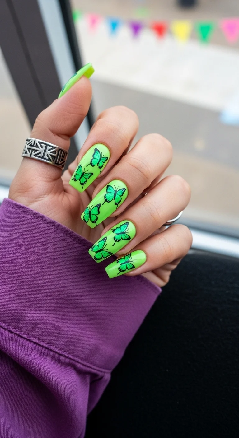 Medium coffin nails in neon lime green with darker emerald green butterflies and black outlines.