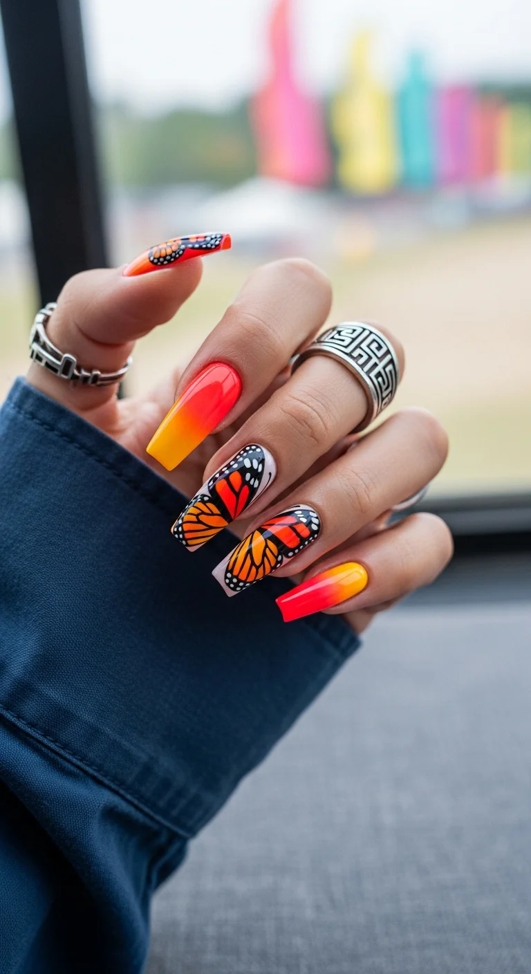 Coffin nails with bright orange-to-yellow sunset ombre and monarch butterfly wing patterns on the middle and ring fingers.