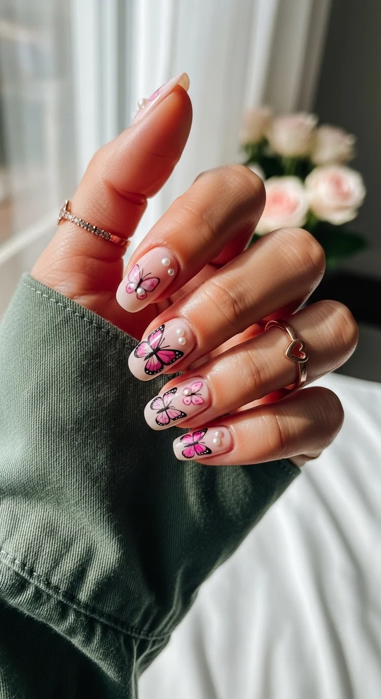 Almond nails in sheer nude pink with hand-painted pink butterflies, black outlines, and small white pearl beads near the cuticles.