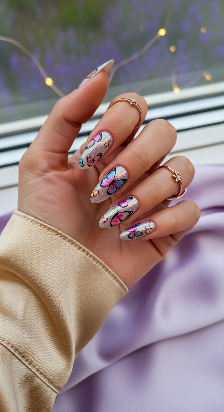 Almond nails with holographic silver base and pink and blue butterflies with black outlines
