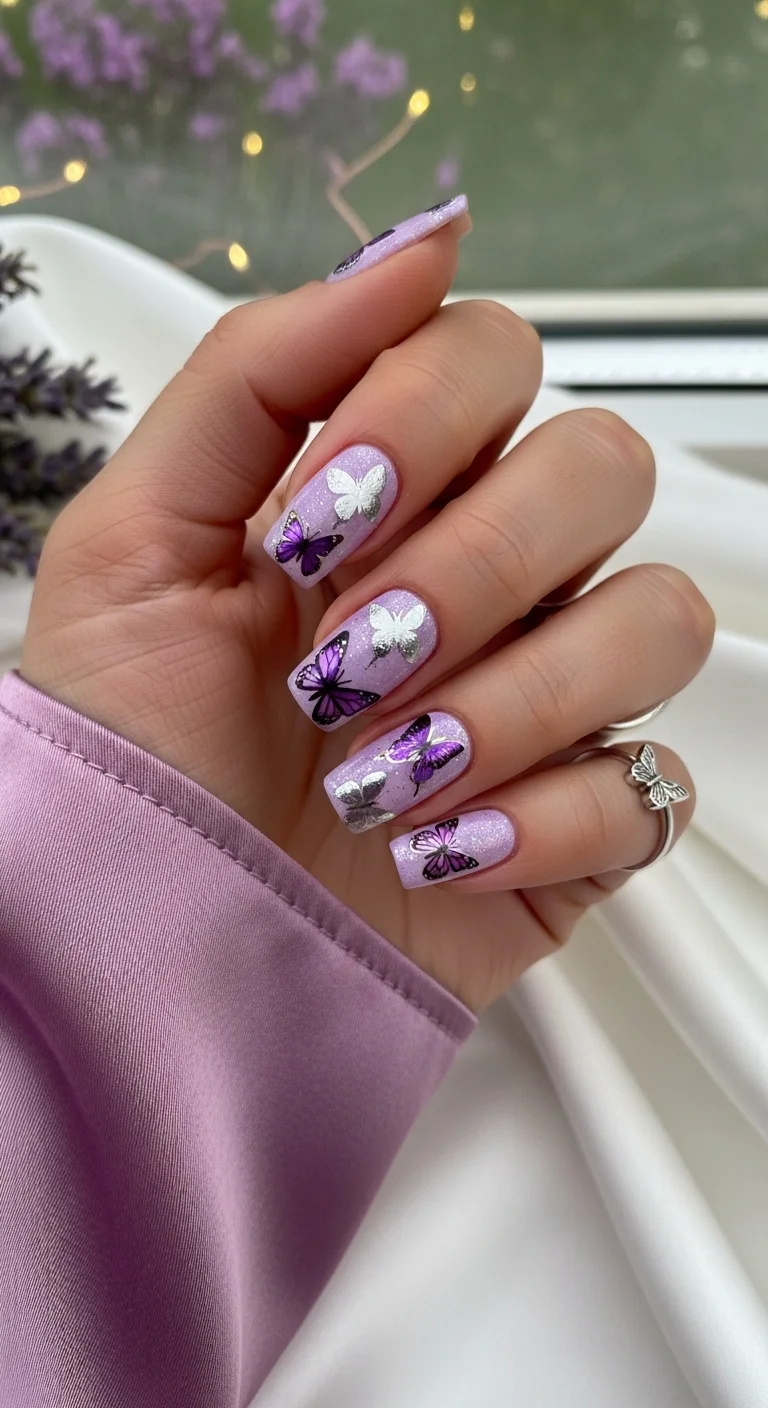 Coffin shape nails with soft lavender base, fine silver micro-glitter, and purple and silver foil butterfly stickers with glossy sparkle finish.