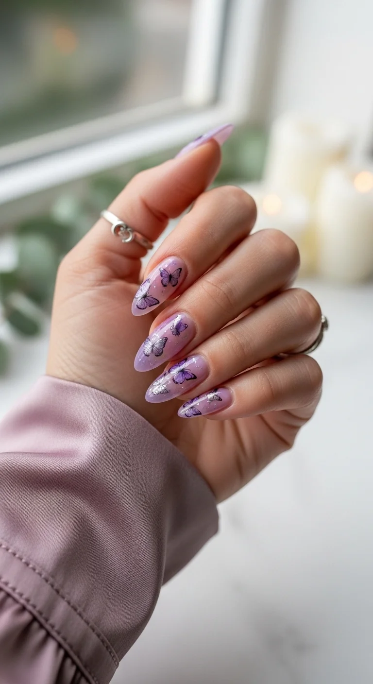 Almond stiletto nails with sheer translucent jelly lavender base and dark purple butterfly decals with black outlines and glossy jelly effect.