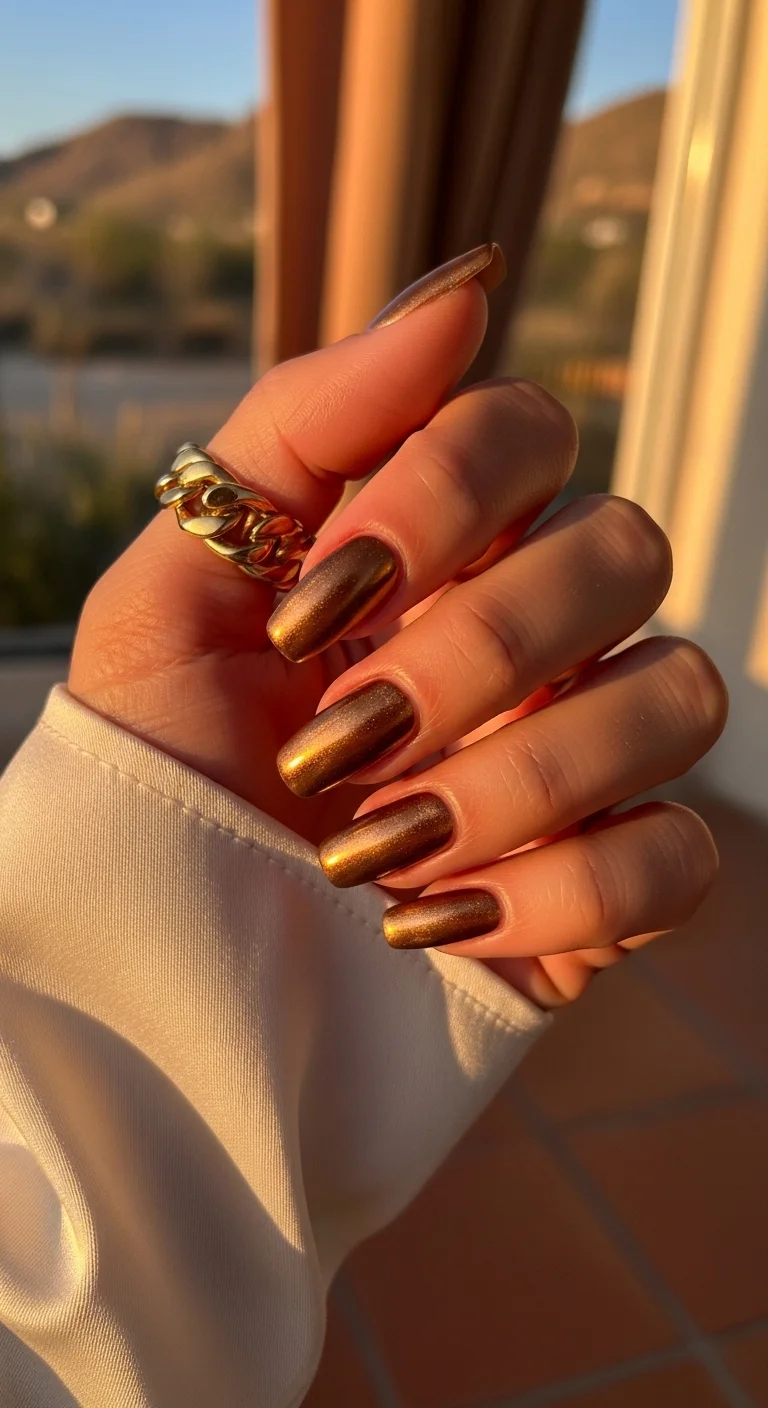 Short square bronze chrome nails with a velvet cat-eye finish.