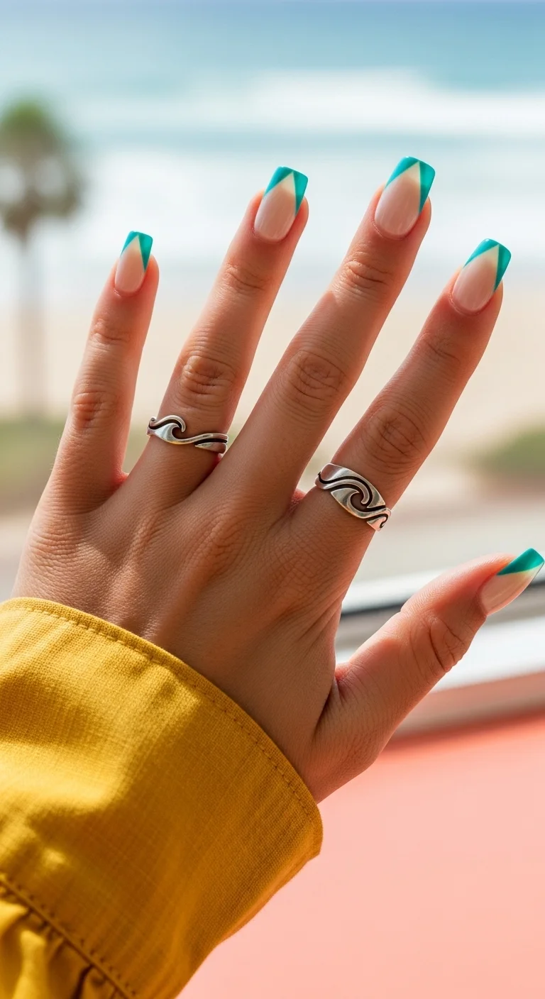 Square nails with a nude base and sharp V-shaped turquoise French tips.