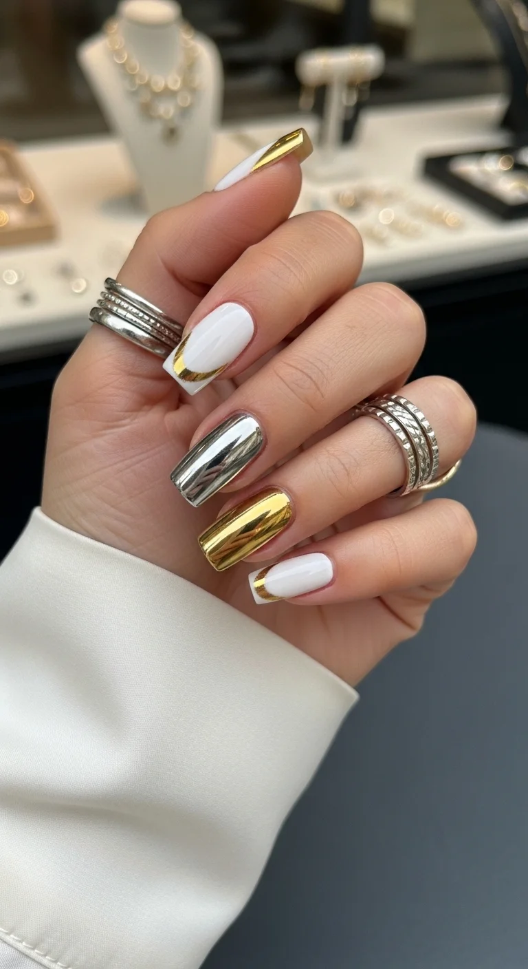 Long square white French nails with gold and silver chrome full-accent nails.