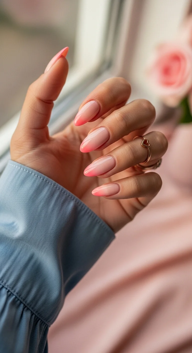 Almond nails with a soft nude-to-peach ombre French gradient.