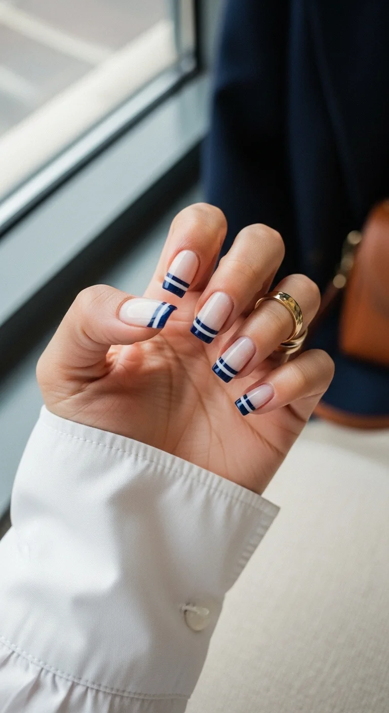 Square nails with a nude base and navy blue double-line French tips.