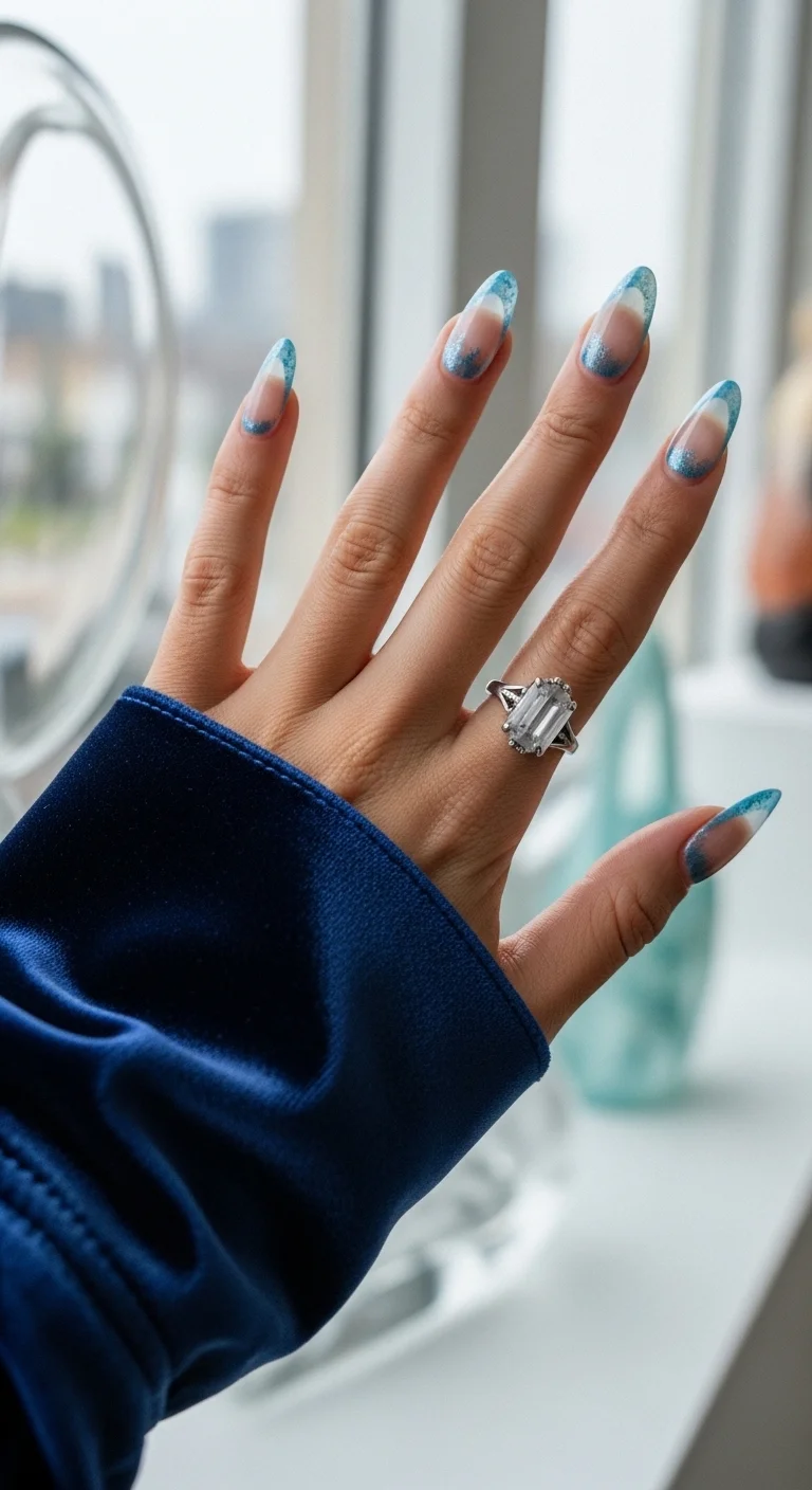 Long almond nails with a sheer base and blue glitter/aura French tips.
