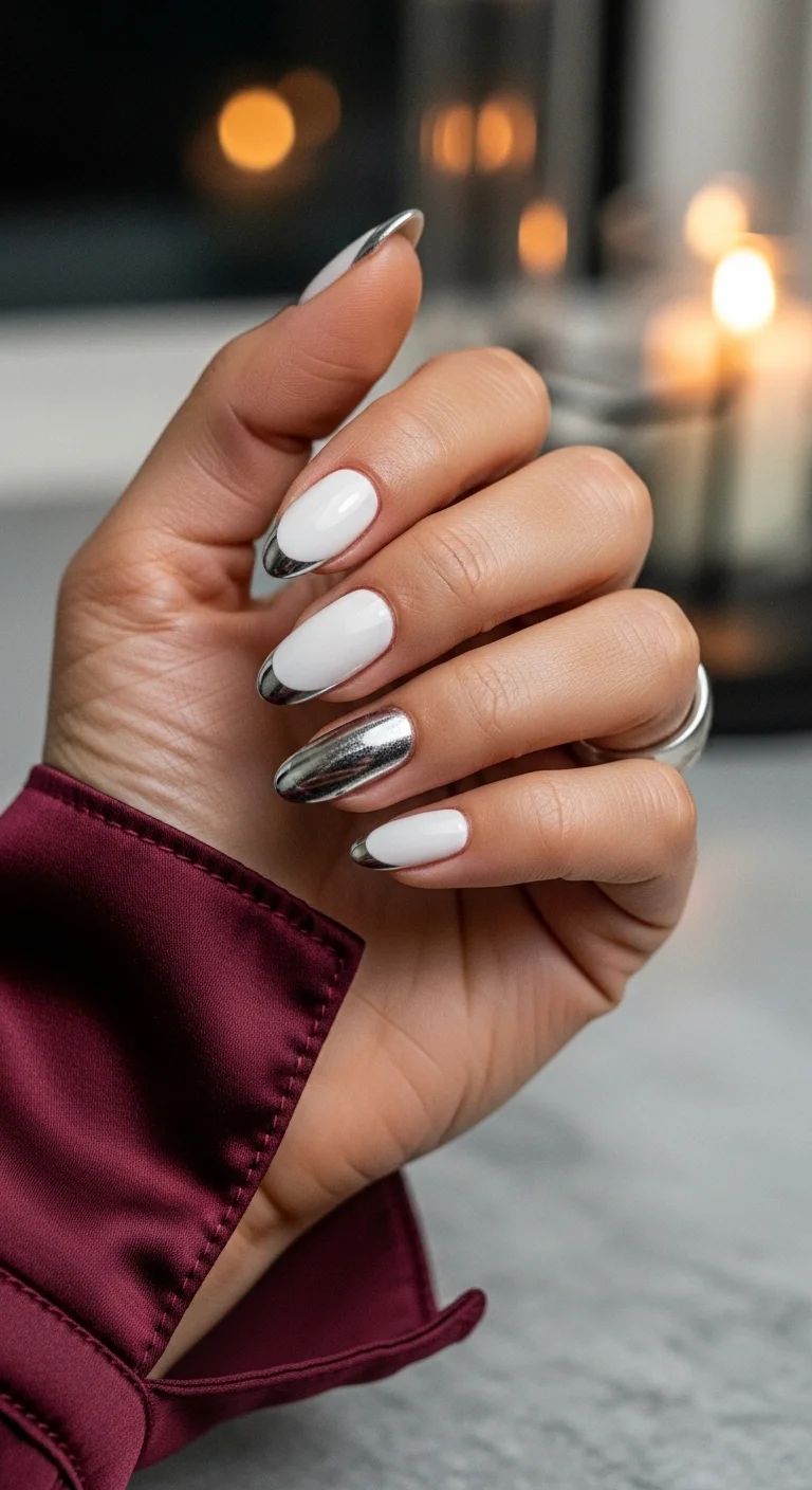 Almond nails with a white base and silver chrome French tips.