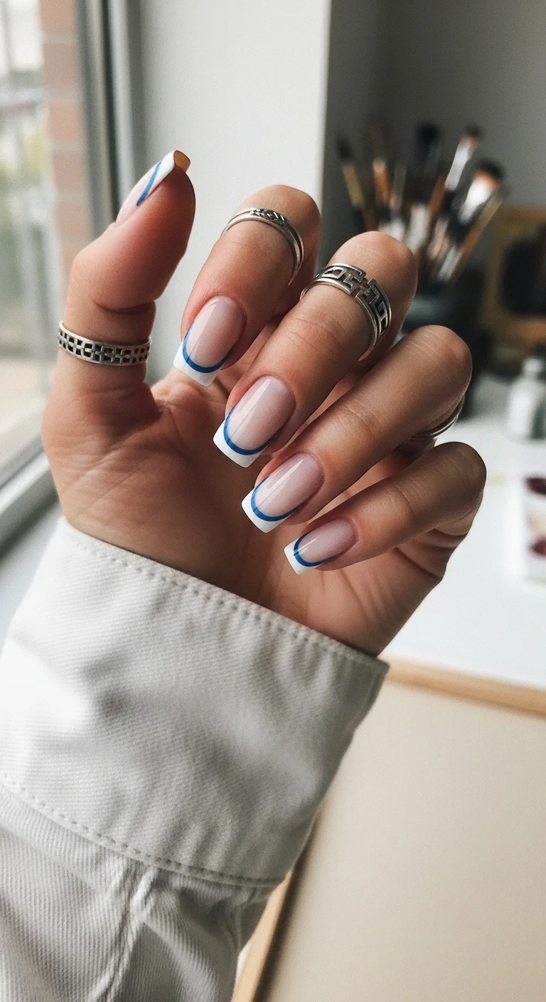 Square nails with a nude base and thin electric blue French tips.
