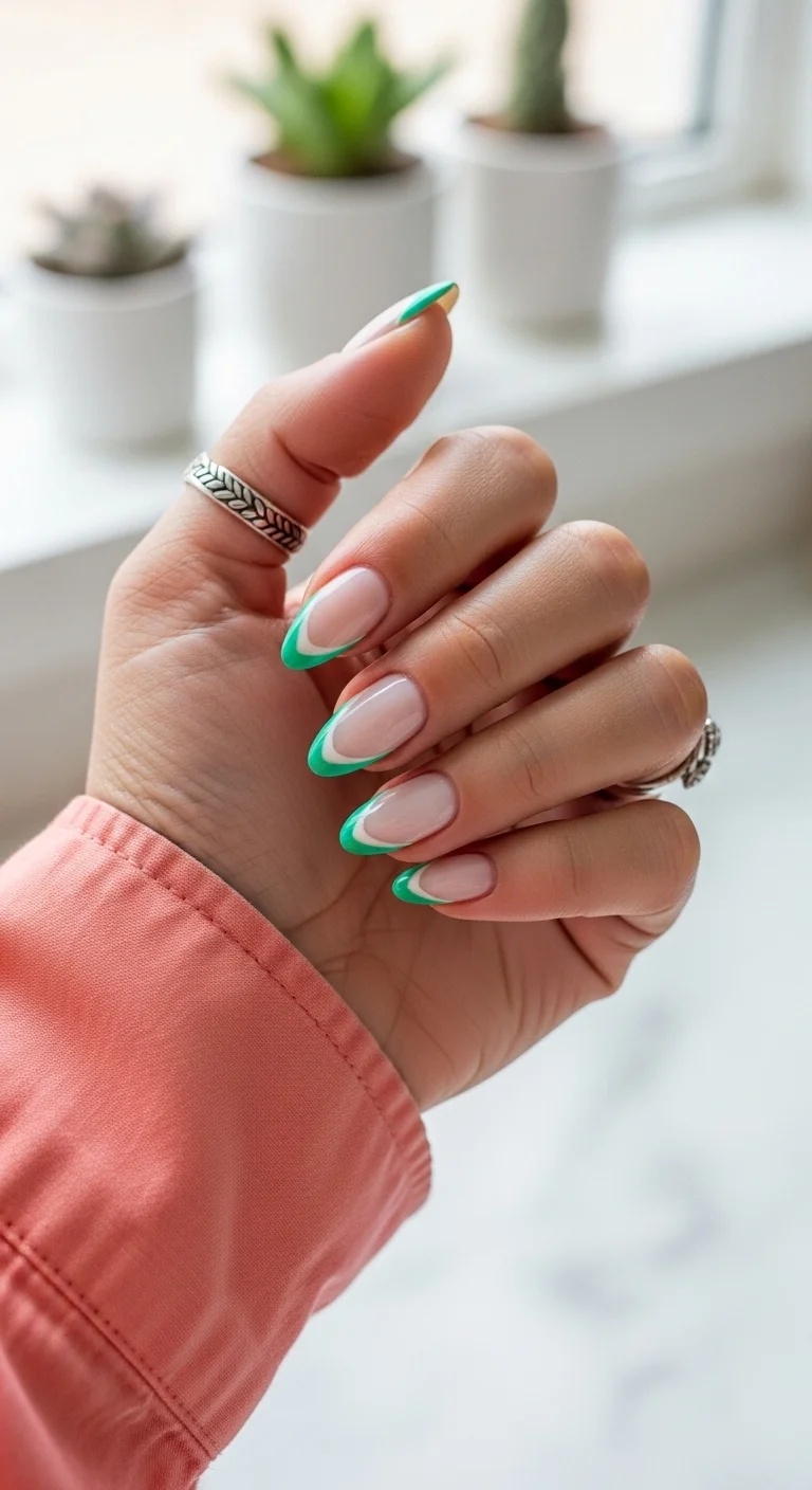 Almond nails with a nude base, a white inner line, and bright green French tips.