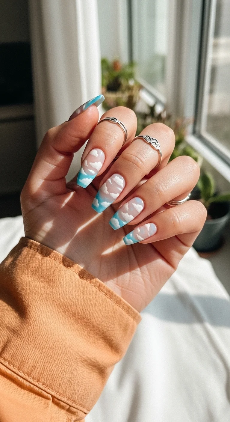 Coffin nails with a sheer base and light blue-and-white cloud French tips.