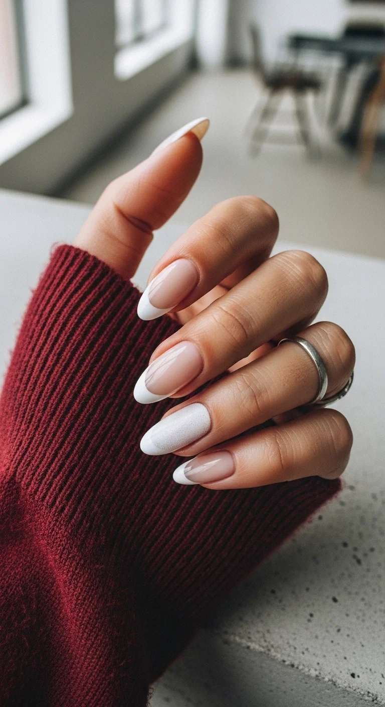 Almond nails with classic white French tips and a subtle iridescent shimmer base.