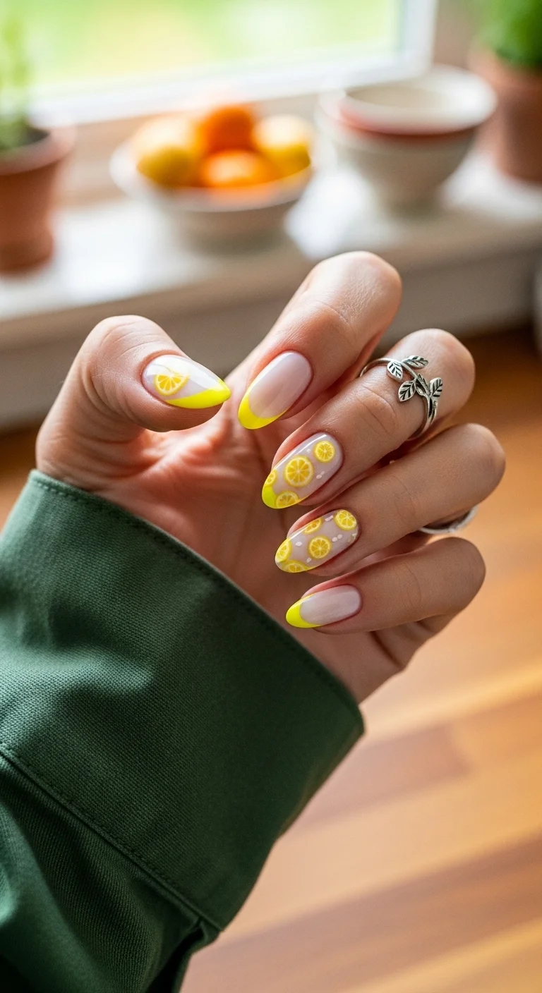 Almond nails with a nude base, yellow French tips, and hand-painted lemon slices.