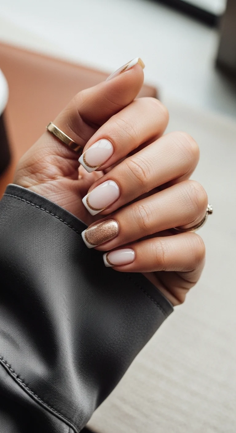 Square nails with a white French tip and a thin gold glitter 'inner' smile line.