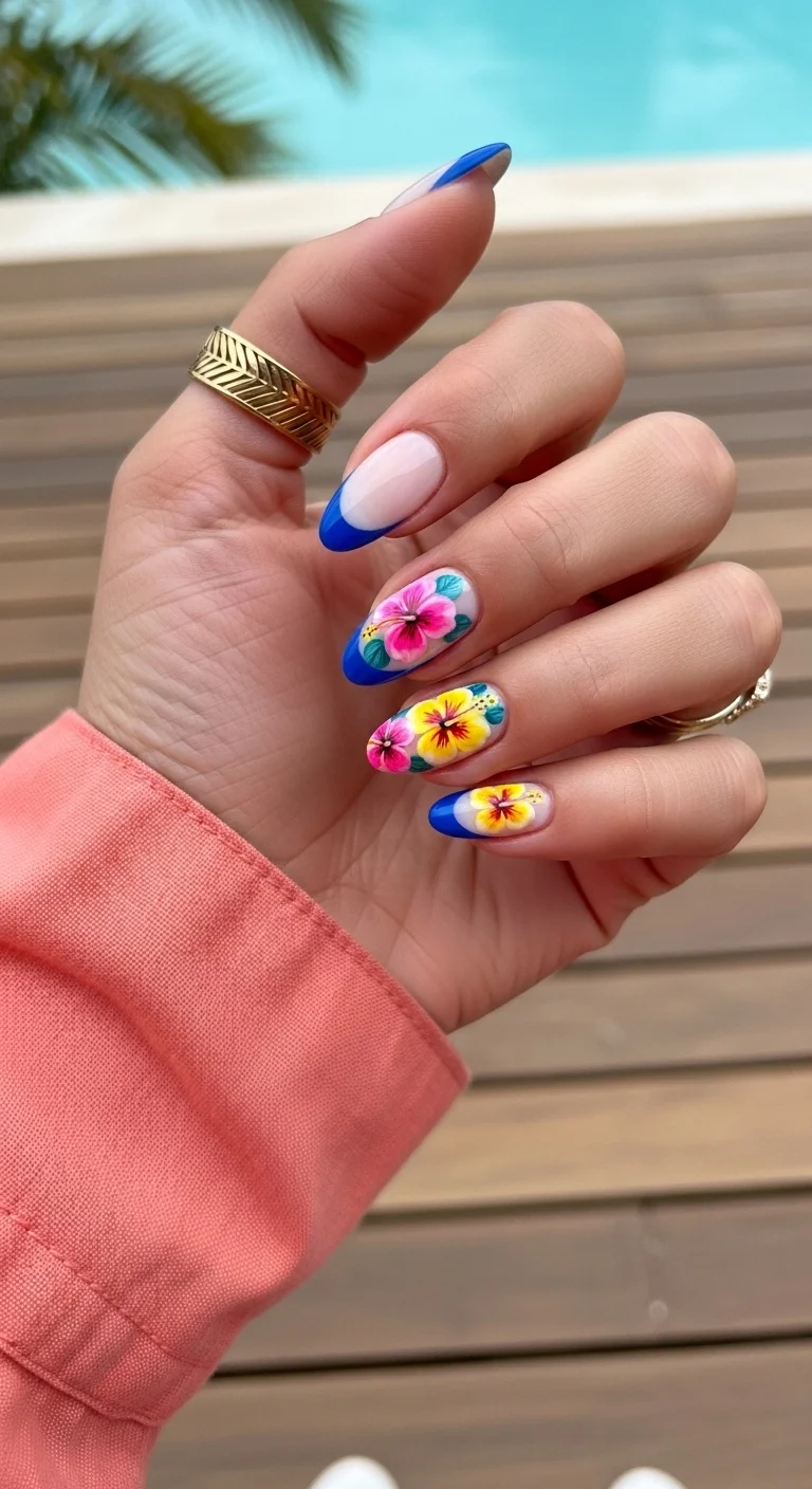 Almond nails with electric blue French tips and hand-painted tropical hibiscus flowers.