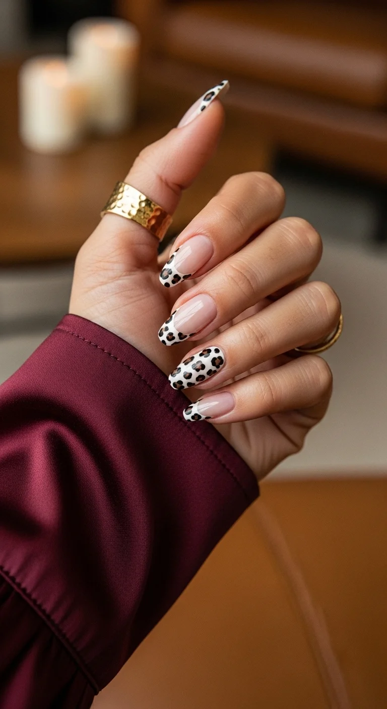 Almond nails with a nude base and leopard print French tips.