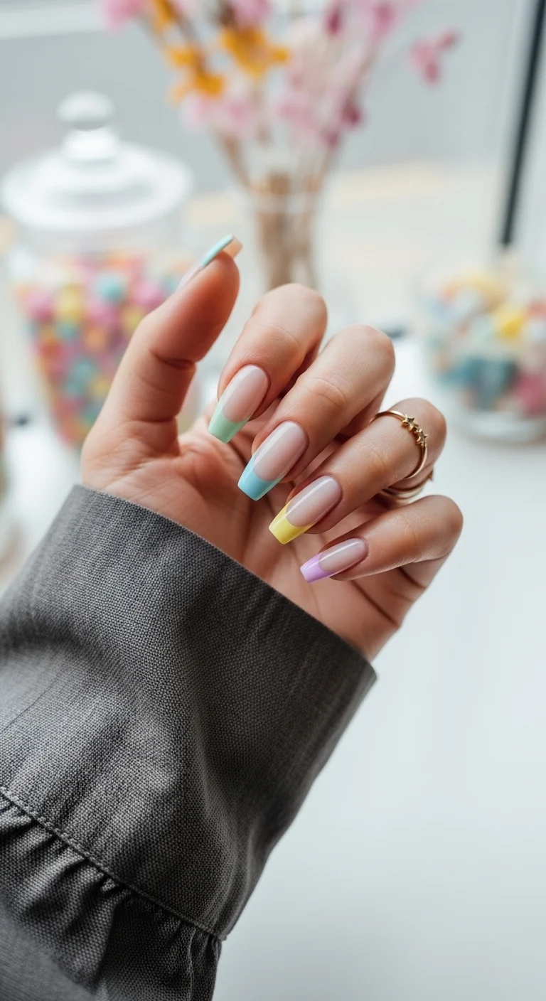 Long coffin nails with a nude base and a different pastel color on each tip.
