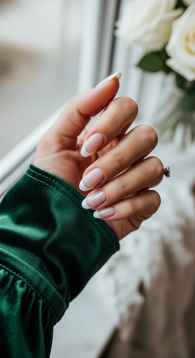 Almond nails with classic white French tips and a subtle glitter shimmer on one nail.