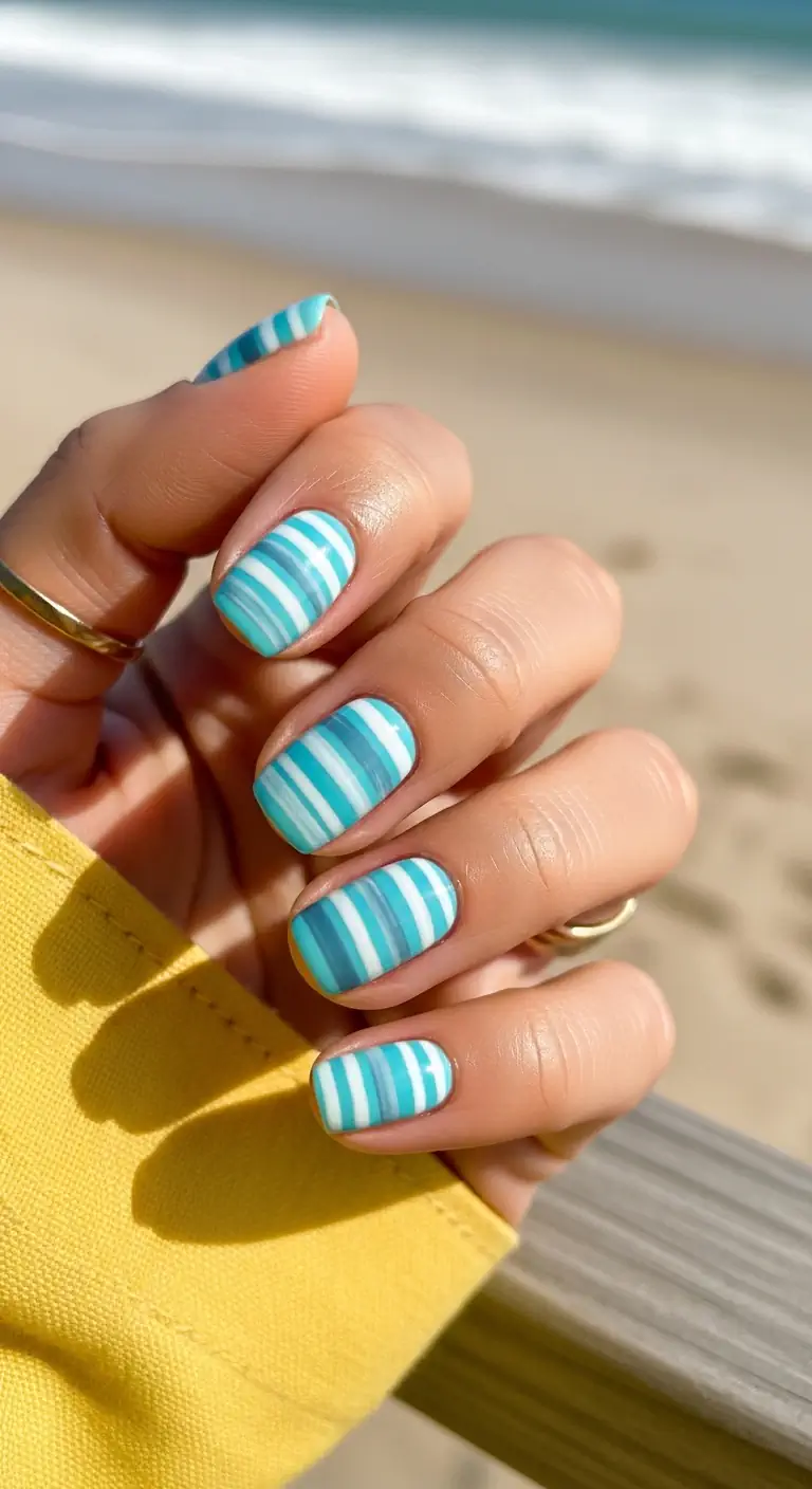 Short squoval nails featuring horizontal stripes in alternating shades of teal, aqua, sheer blue, and white