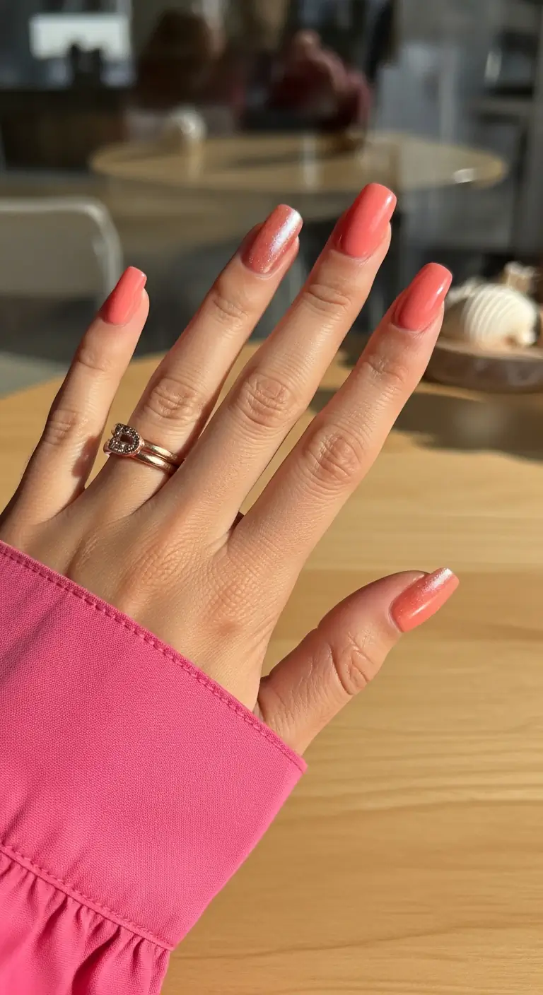 Solid coral-peach short square nails with a shimmering pearl chrome glazed finish