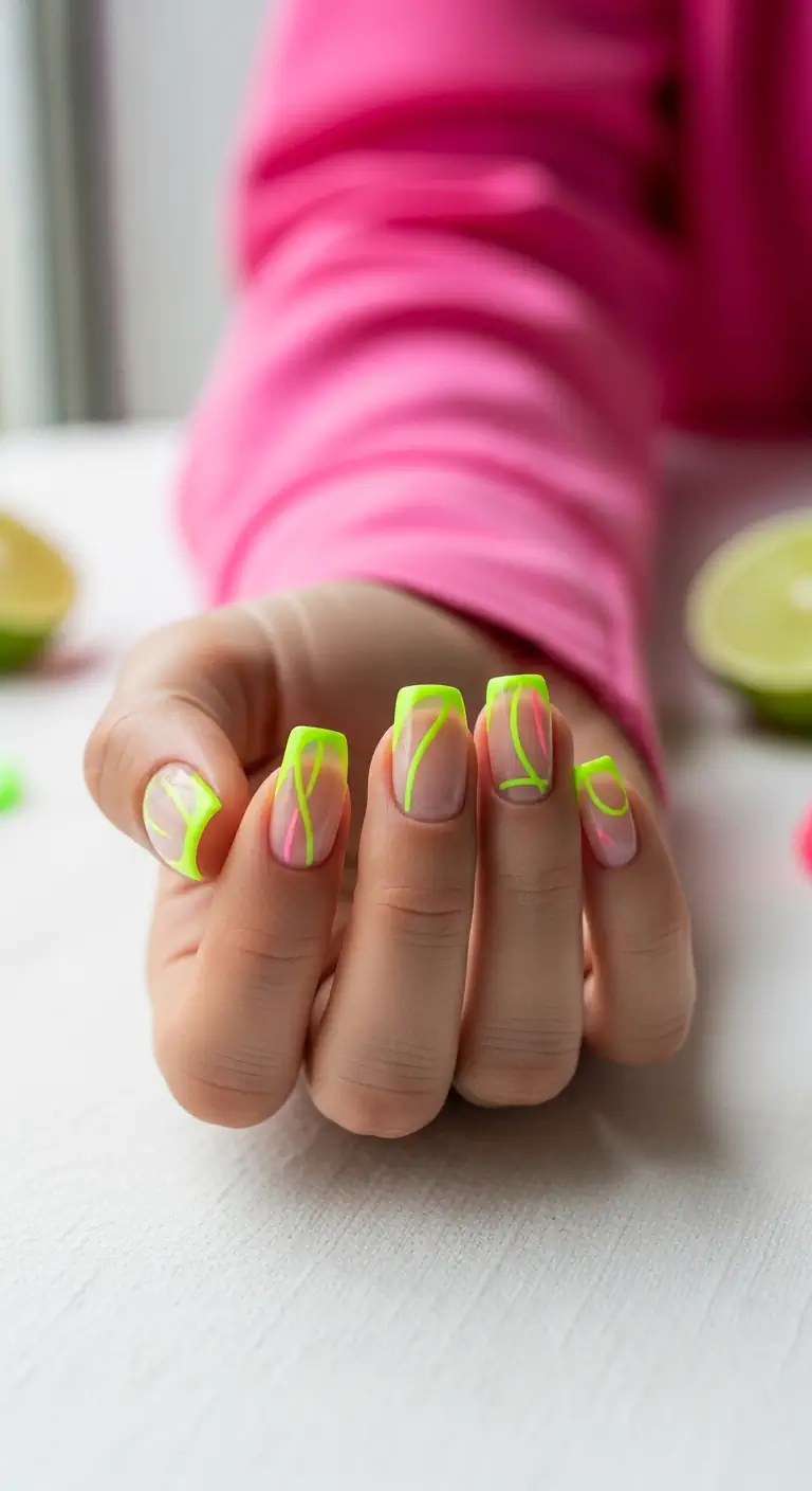 Short square nails with a sheer base, neon green squared tips, and abstract neon green and pink swirl lines