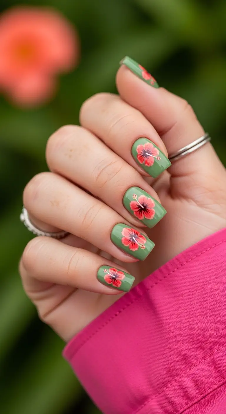 Short square olive green nails with vibrant hand-painted red and pink hibiscus flowers