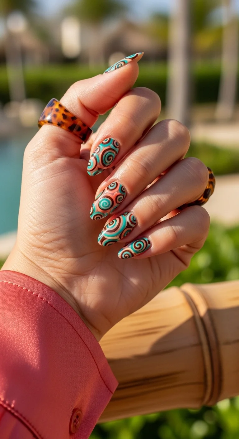 Medium almond nails with a psychedelic swirl pattern in teal, brown, and peach.