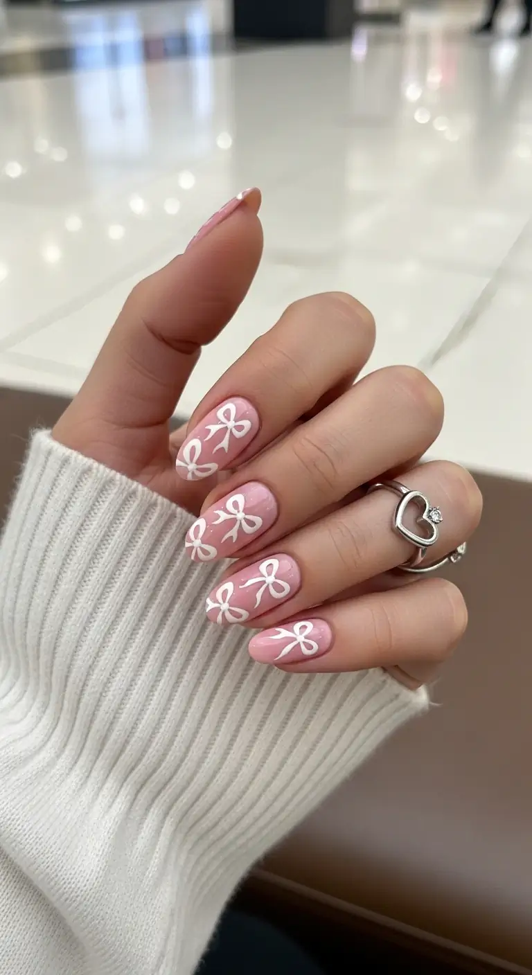 Soft pink almond nails featuring multiple delicate hand-painted white bows