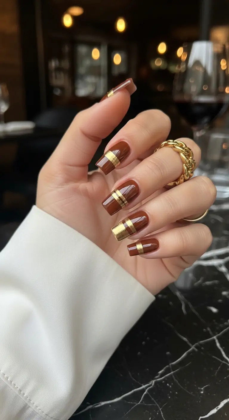 Long mocha brown coffin nails with bold gold foil tips and double line graphic accents, set in an upscale bar