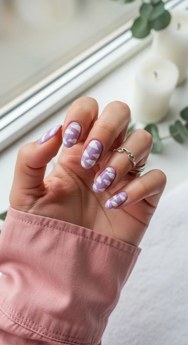 Soft lavender oval nails with hand-painted fluffy white clouds, styled near a window with candles