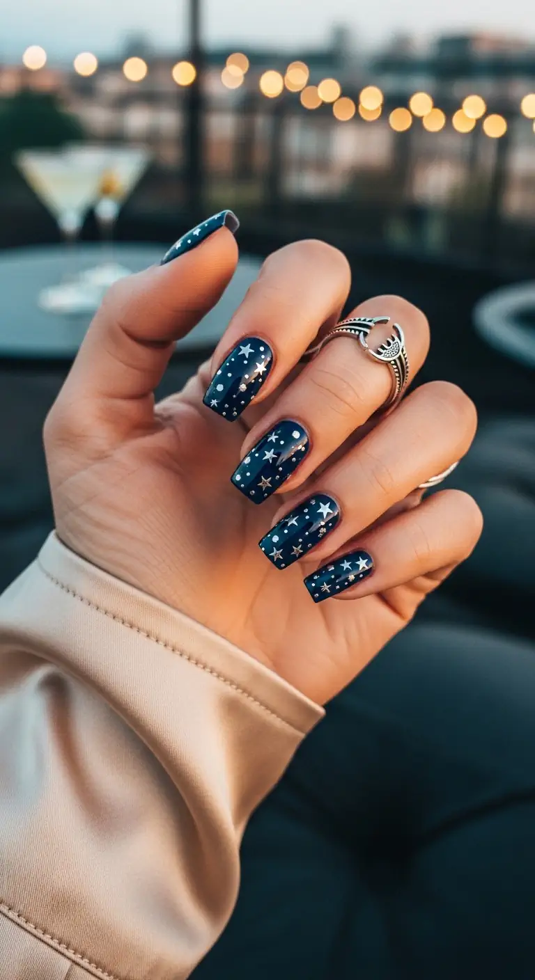 Square deep navy nails with scattered silver stars and dots, posed against a blurry twilight city rooftop with string lights