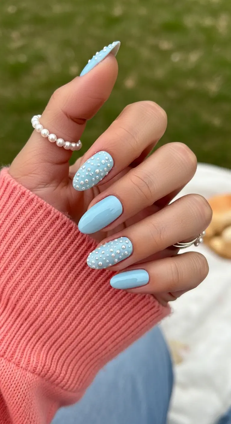 Oval baby blue nails, with alternate nails heavily embellished with varying sizes of 3D half-pearls, at an outdoor picnic