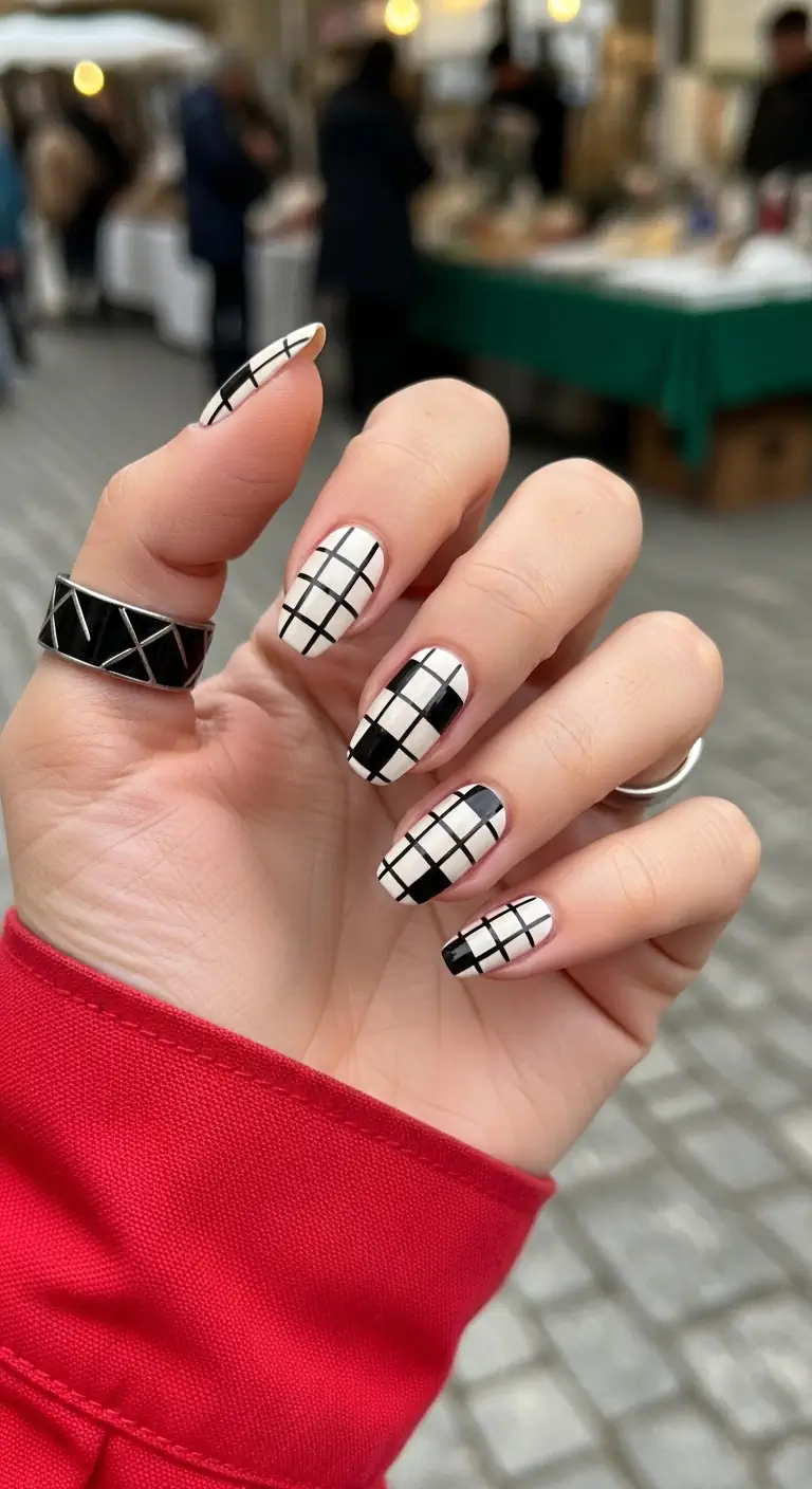 Medium almond off-white nails with a sharp black grid pattern, styled against a busy street market