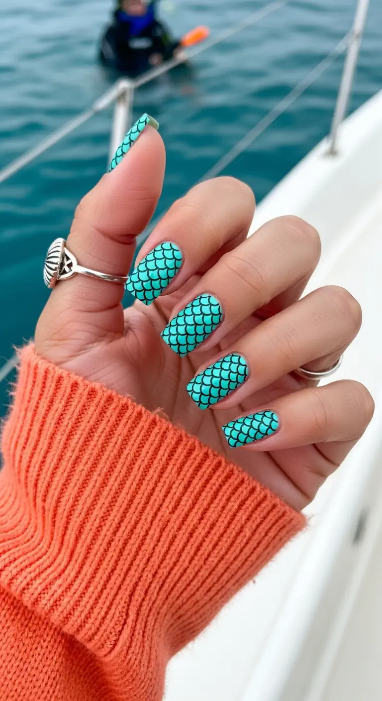 Square bright aqua nails fully covered in a detailed black mermaid scale pattern, styled on a boat over the ocean