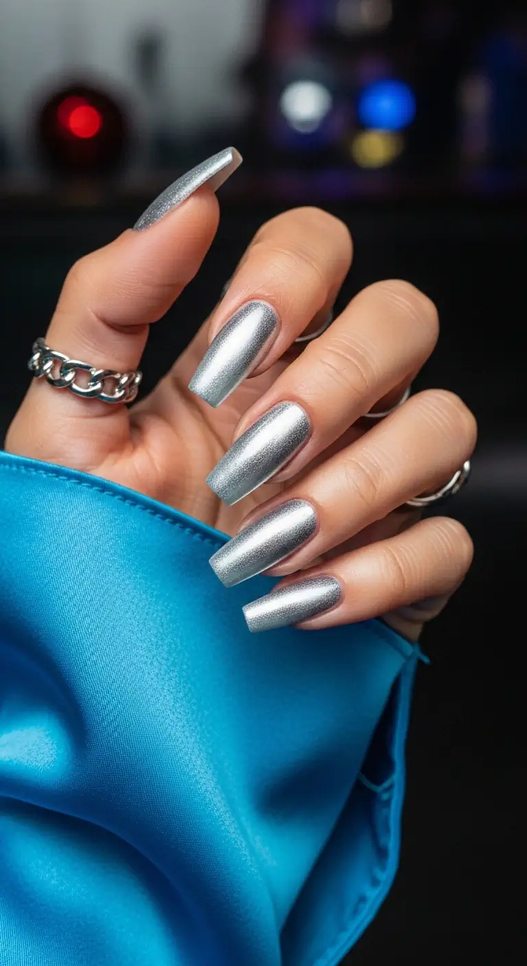 Long square nails with a highly reflective, textured silver metallic chrome finish, styled with a bright blue silk sleeve