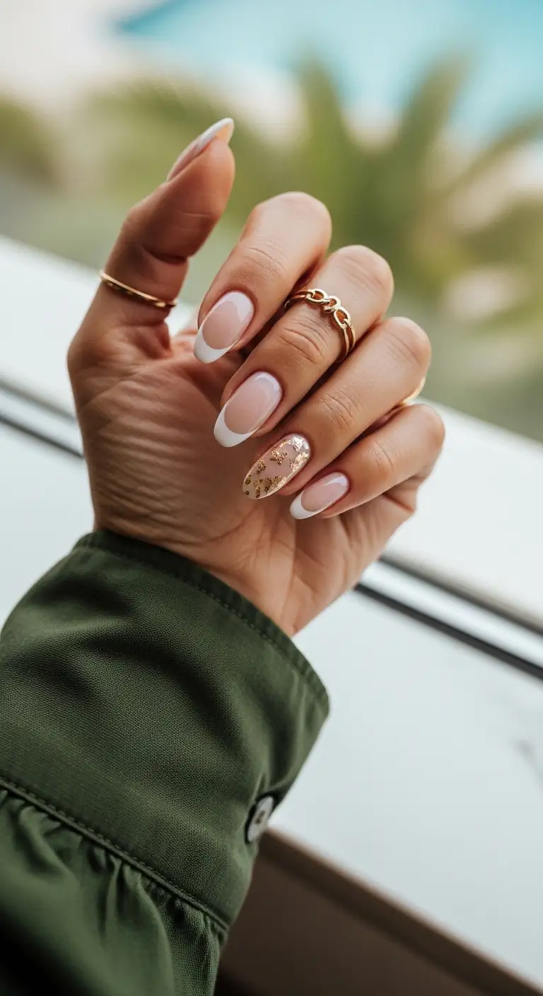 Medium oval nails with crisp white French tips, featuring a clear accent nail decorated with gold foil flakes