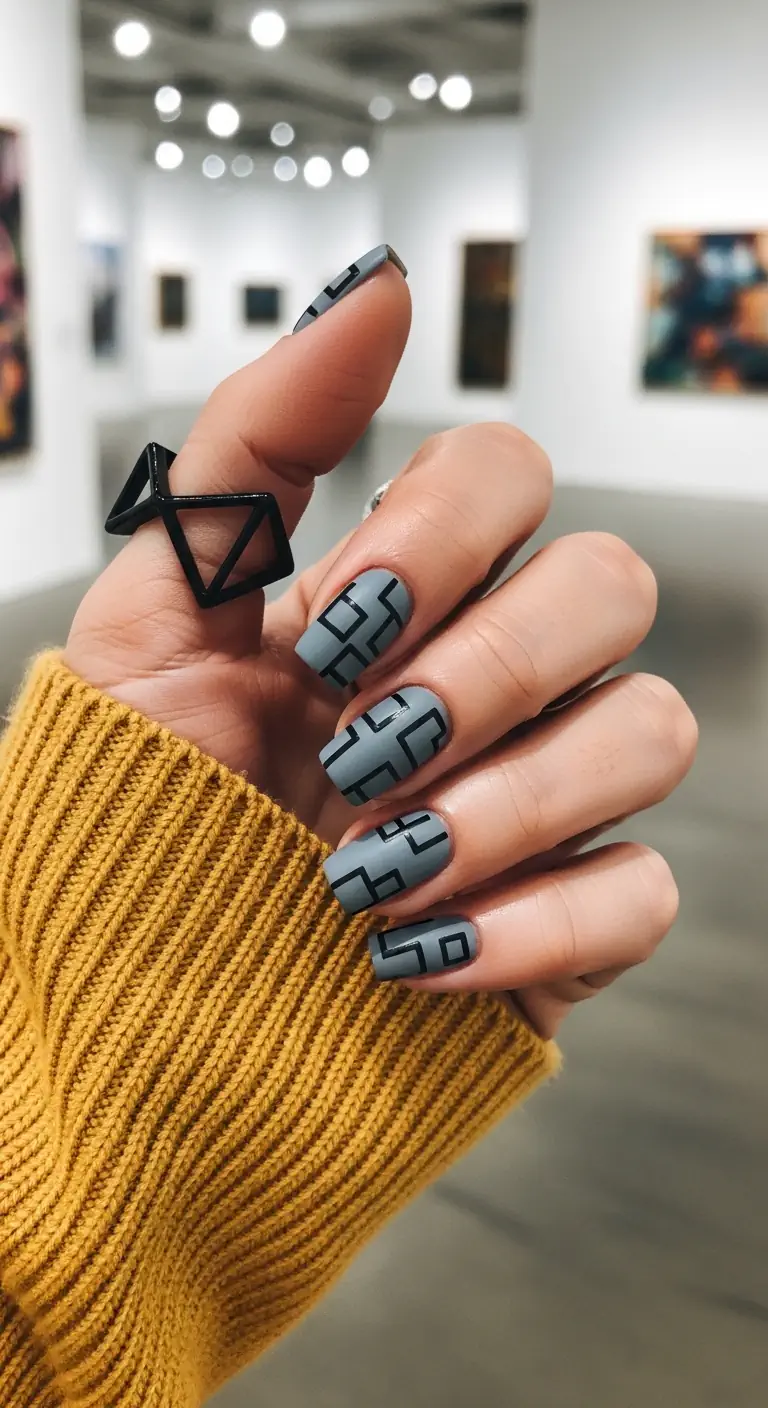 Square slate grey nails with a matte finish, featuring a sharp, black geometric maze-like line pattern