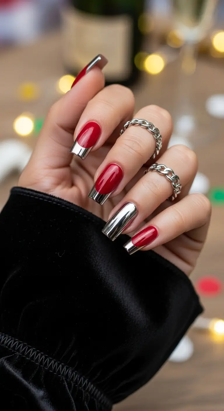 Square nails featuring a bright cherry red base with thick silver chrome tips, with the ring finger painted in full silver chrome