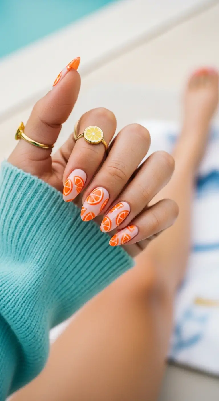 Oval nails with a sheer milky base, decorated with multiple hand-painted bright orange citrus slices scattered across each nail
