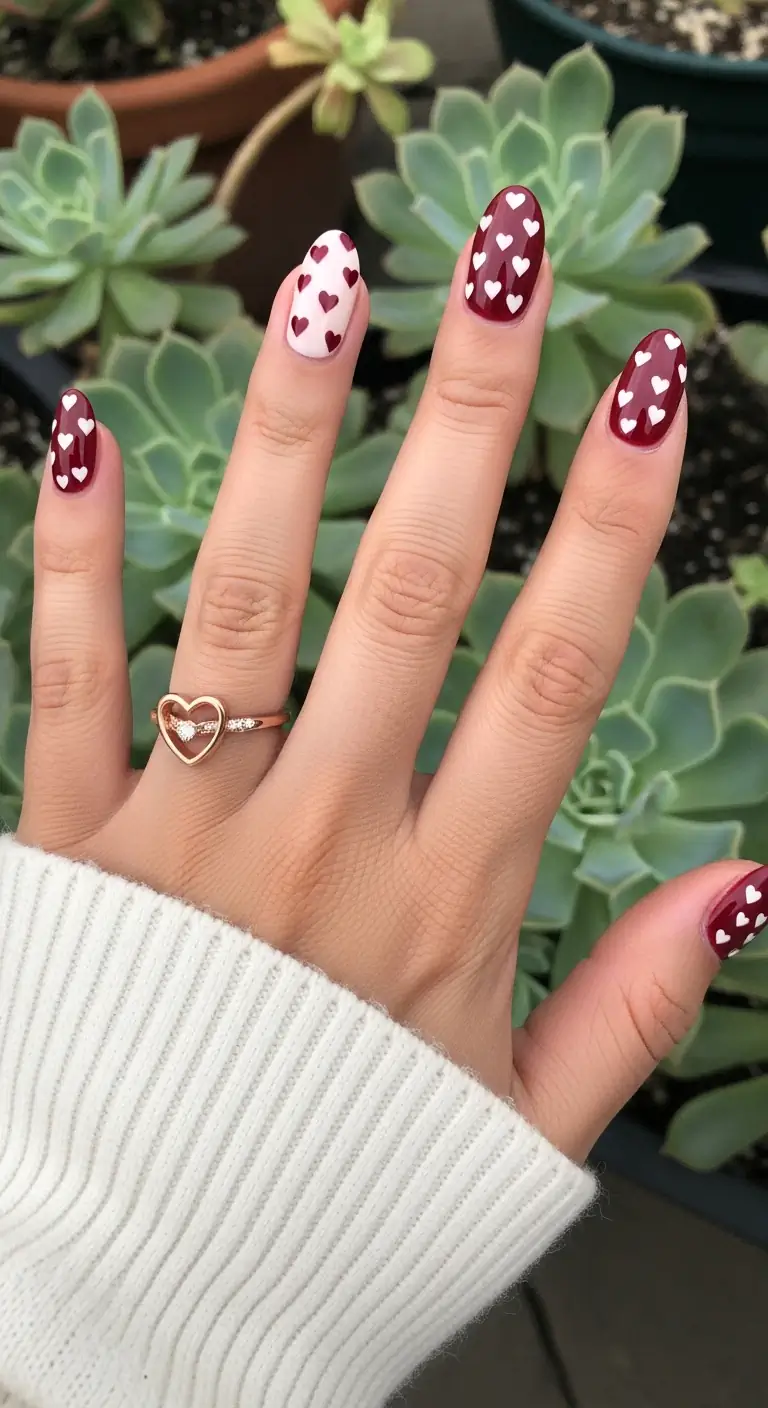 Deep burgundy and cream almond nails with scattered small white hearts, styled against green succulents