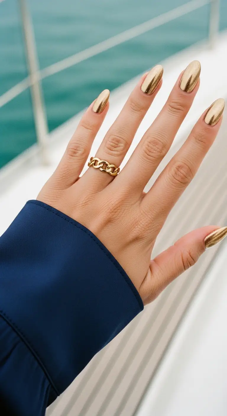 Almond nails fully covered in a flawless, highly reflective liquid gold mirror chrome finish, styled on a boat