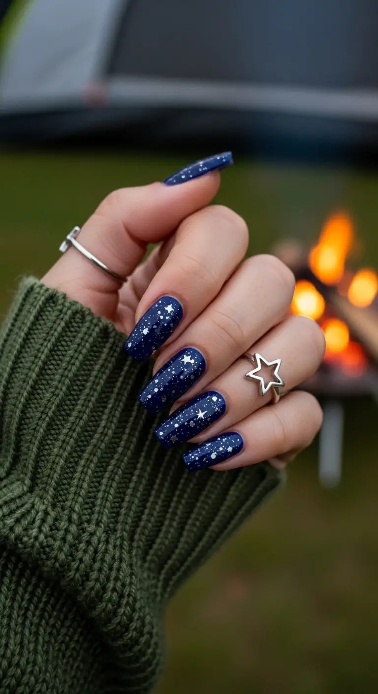 Long squared-oval navy blue nails featuring multiple silver star motifs and fine glitter, set against a blurred campfire and green knit cuff