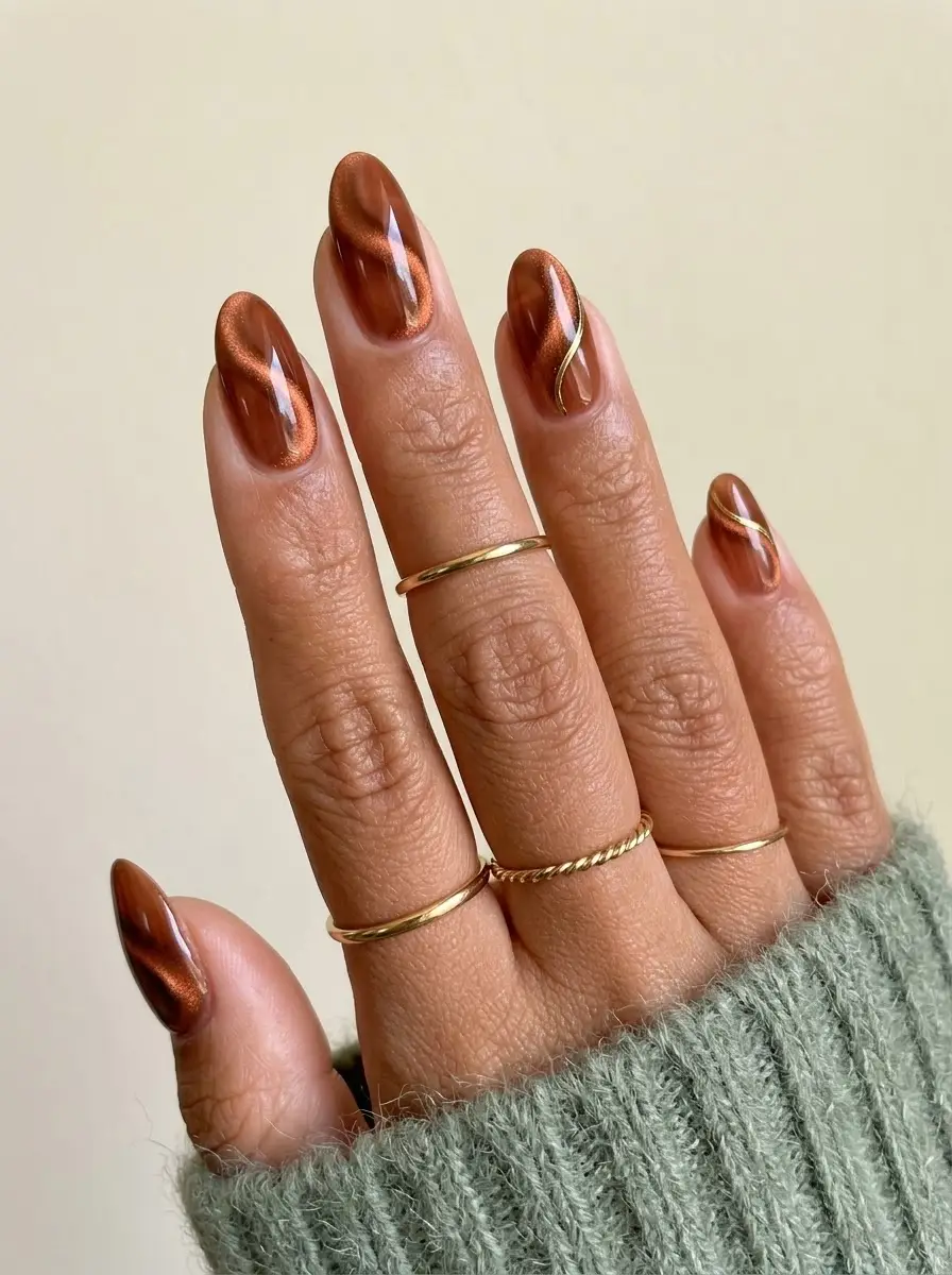 Copper-Brown Velvet Nails With Gold Swirls