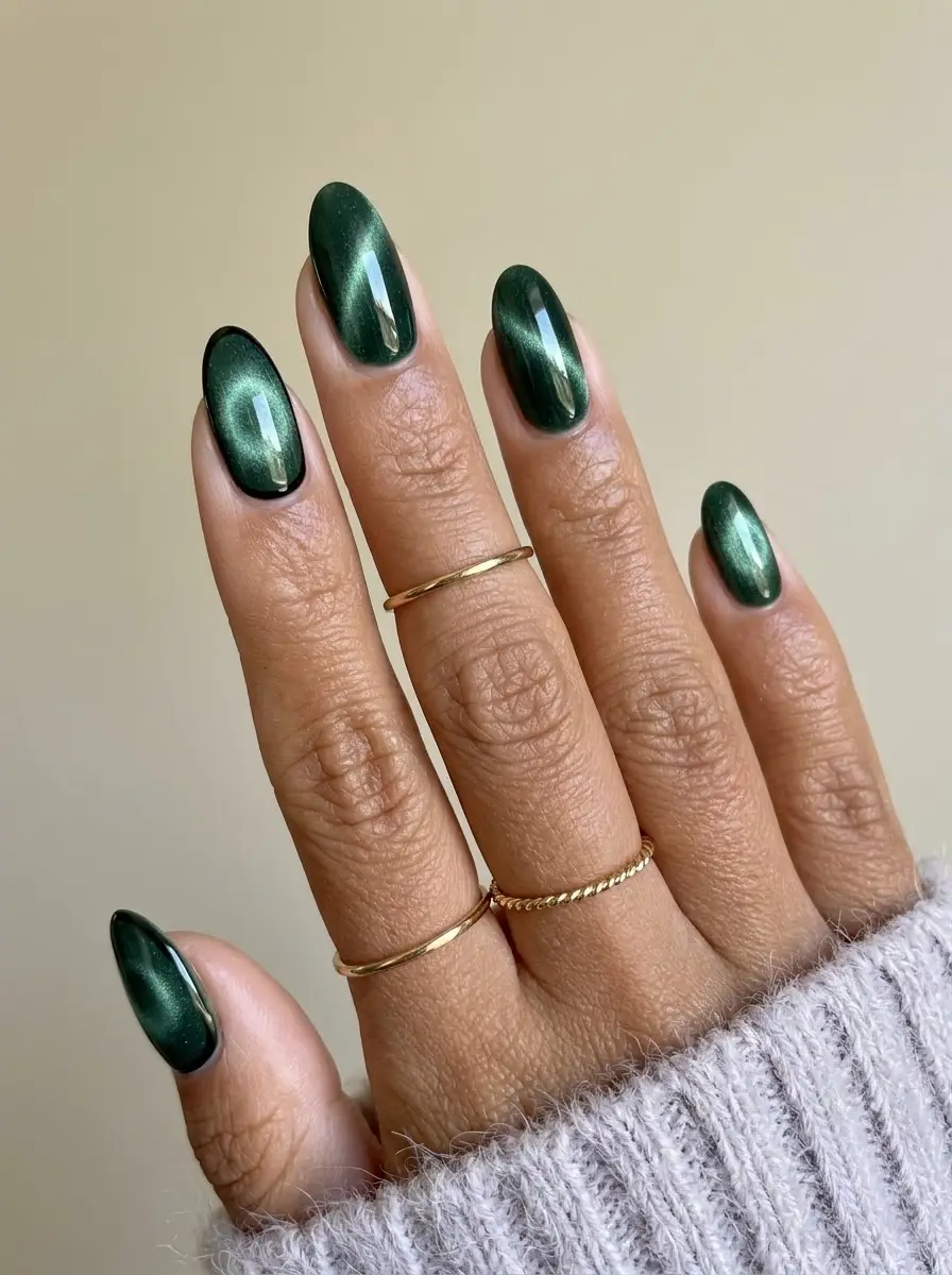 Emerald Green Cat-Eye Velvet Nails
