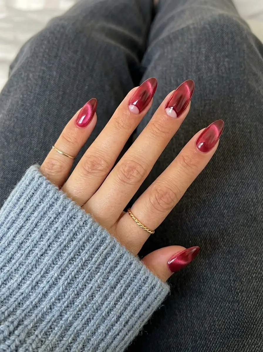 Ruby Red Velvet Half-Moon Nails