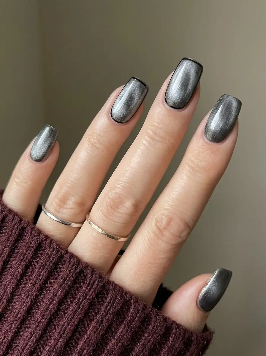 Gunmetal Grey Cat-Eye Velvet Nails